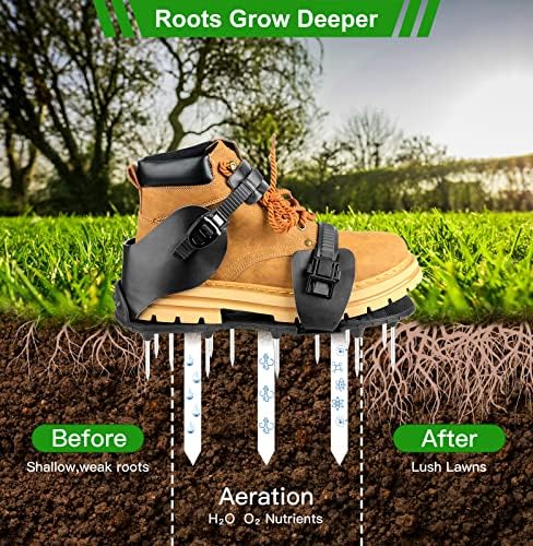 Sapatos de aerador de gramado Yuepin para grama com fivela de cinto de trava, sapatos de pico de aerador pré-montado atualizados, um tamanho único, ferramenta de aerador de pátio de solo para o jardim de jardim de pátio gramado