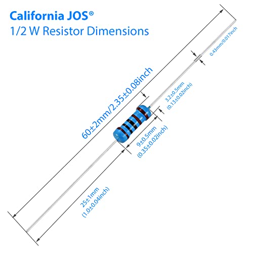 California JOS 100pcs 0,1 ohm resistor 1/2W ± 1% Tolerância Metal Film Resistor Fixed, múltiplos valores de resistência opcional