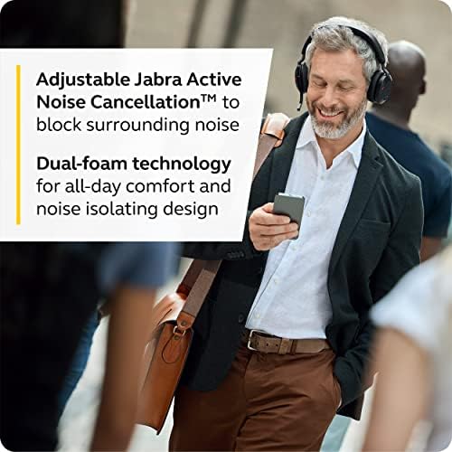 Jabra Evolve2 75 PC fone de ouvido sem fio com suporte de carregamento e tecnologia de 8 mics - fones de ouvido estéreo de espuma dupla com cancelamento de ruído ativo avançado, adaptador USB -A Bluetooth e compatibilidade com MS - preto
