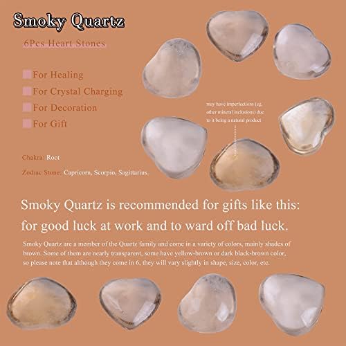 Cnyanfei 6pcs Smoky Quartz Heart Stone Natural Crystal Rock Heart Weatd Stone Stone Smoky Palm Stone Palm