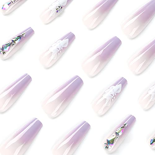 Long Fake Nails Pressione Purple em unhas Caixão de capa completa unhas falsas com designs de flores acrílico strass artificial pregos cola de caixão em unhas bastão nas unhas para mulheres