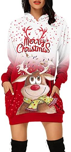 Ruziyoog Women Feliz Christmas Capuzes Vestido de vestido gráfico engraçado com capuz estampado com túnica de túnica longa