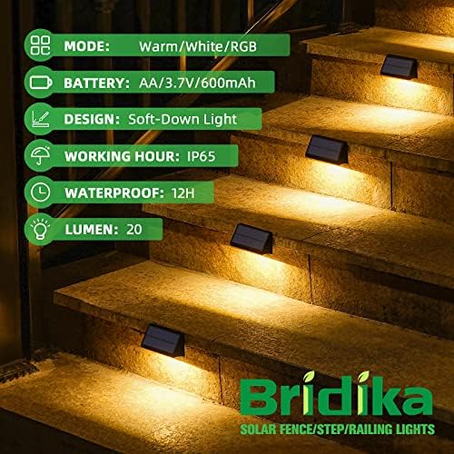 Luzes solares de Bridika, luzes solares da cerca ao ar livre, branca quente e rgb, luzes solares ao ar livre para cerca, quintal, degrau, escada, grade e pátio