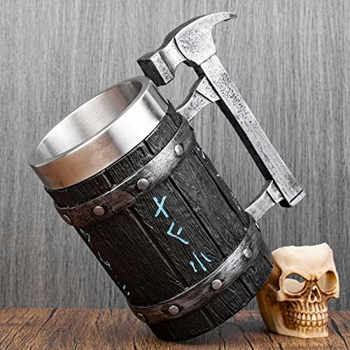 KTOTKMOTA NORDIC Viking Rune Hammer Caneca, linear de aço inoxidável Resina BEER TANKARD STEIN, decoração nórdica imitação de