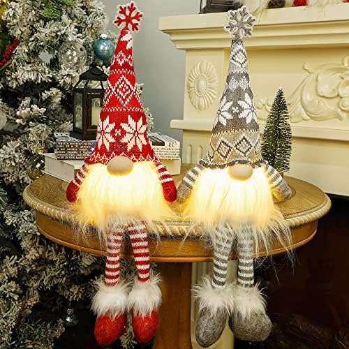 Juegoal 2 pack gnomos de Natal iluminados com pernas pendentes, 19,5 polegadas de pelúcia artesanal de luxuoso sueco sueco tomte, iluminação de férias de brinquedo elfas, operação de bateria, tabletop de inverno decorações de Natal