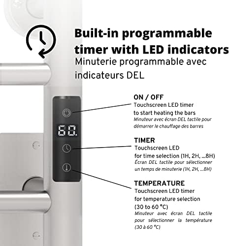 ODASS | Aquecedor de toalhas com temporizador | Timer interno com indicadores LED | 3 Modos do timer: ON/OFF, 2 h, 4 h | Montado na parede | 4 barras redondas |