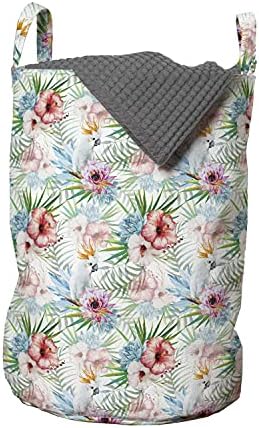 Bolsa de lavanderia floral de Ambesonne, composição tropical de papagaios exóticos Flores e folhas de verão havaiano, cesta de cesto