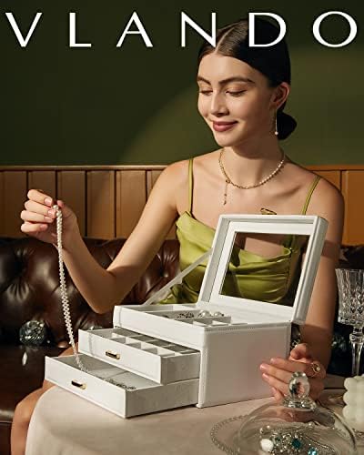 Vlando Jewelry Box Caixa de jóias de couro Organizador de jóias de 3 camadas Jóias de vidro caixas de vidro com 2 gavetas armazenamento
