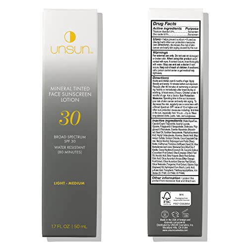 Proteção solar de rosto mineral não -unido com amplo espectro SPF 30 - Loção resistente à água, Primer e corretor de cores - 1,7 fl oz, luz/média