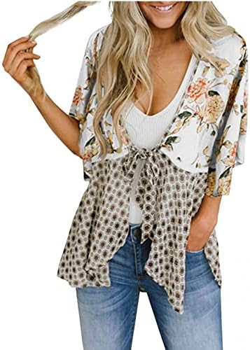 Mulheres Floral Kimono Cardigan Open Frente Front Floral Print Chiffon Coverp ups Draped Ruffle Boho Tie LOP