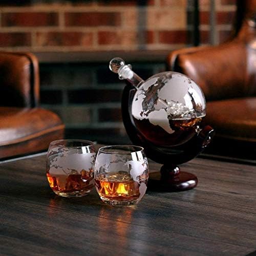 Depila Whisky DeCantador Whiskey Globe Decanter Set gravado World Globe Decanter para vinho tinto, licor, bourbon, vodka, com 2 copos, acessórios para barras para homens para decantadores de bebidas alcoólicas sobriedade