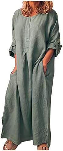 Vestidos maxi de grandes dimensões de pimoxv para mulheres com bolsos de manga laminada de linho de algodão casual de