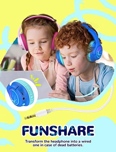 fones de ouvido Bluetooth para crianças com luzes LED, volume seguro BTH18 74/85/94DBA, 43H Playtime, som estéreo, USB-C, cabo aux