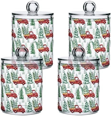 Alaza 4 Pack Pack Qtip Dispenser Red Buffalo Caminhão xadrez com carteiras organizadoras de banheiro da árvore de Natal para bolas de algodão/swabs/almofadas/fio dental, frascos de boticário de plástico para vaidade