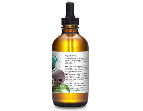 Bella Terra Oils Maracuja Oil. 4 onças. Prensado a frio. Não refinado. Orgânico. Ingrediente único. Rico em vitamina C.