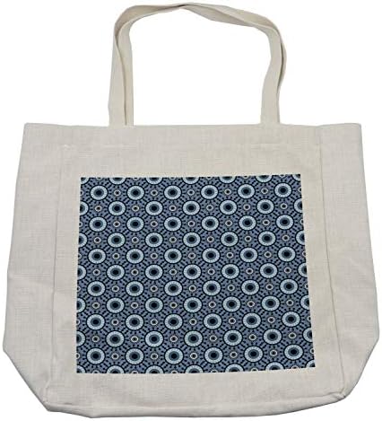 Bolsa de compras azul e branca de Ambesonne, círculos com elementos florais e pontos abstratos de olho retro e ecológico