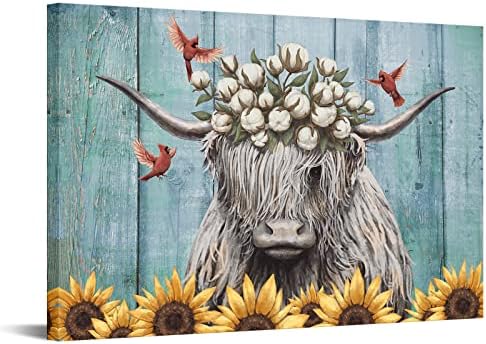 Sechars Highland Cow Canvas de parede Art Farmhouse Decor Gado com pássaros cardinais vermelhos Pintura de girassol Picture Vintage