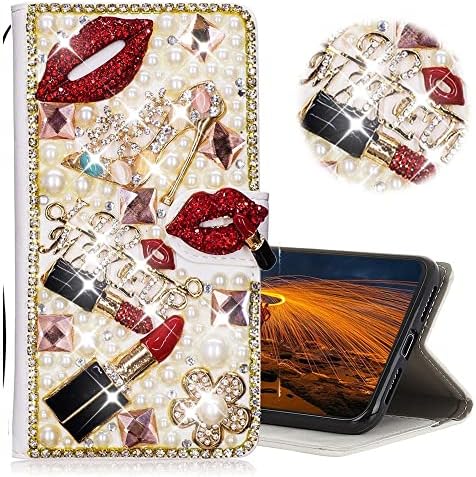 Caixa de telefone Glitter Wallet Compatível com iPhone 13 Pro Max 2021, As -Zeke 3D Series artesanais Lipstick High Heel Girls Makeup Rhinestone Crystal Bling Design Cover - Red, Red Makeup, para 2021