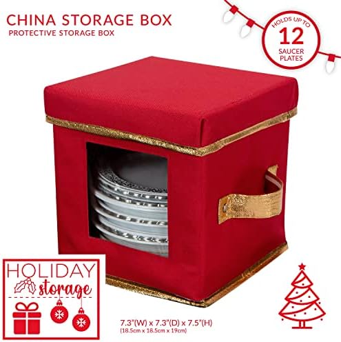 Simplifique a caixa de armazenamento de louça de placas de pires de férias | 7,3 polegadas | China de Natal | 12 divisores de feltro | Configuração de utensílios de mesa | Vermelho