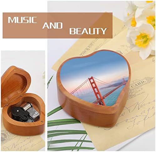 Famous Golden Gate Bridge Bridge Wooden Music Box Windup Heart Heart Pried Musical Boxes Caso para aniversário de aniversário