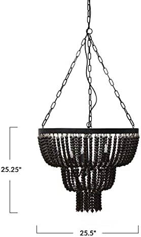 Creative Co-op DF4150 Rustic Boho Wood lustre, luminária de bulbo com 3 lâmpada, lâmpada pendente preta fosca