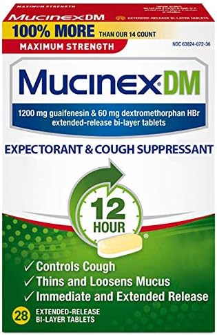 Supressor de tosse e expectorante, mucinex dm de força máxima de 12 horas, 28ct, 1200 mg de guaifenesina, alivia o congestionamento