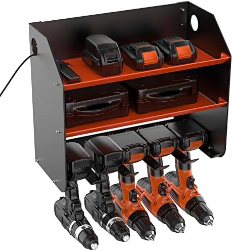 Torack Power Tool Organizer, suporte de perfuração sem fio de montagem de parede com 5 slots e 2 prateleiras de fundo sólido, rack
