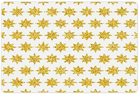 Estrelas lunaráveis ​​tapete de estimação para comida e água, estrela pontilhada em fundo branco em ordem simétrica, impressão, retângulo de borracha sem deslizamento para cães e gatos, amarelo e branco
