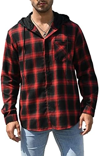 Camisa de botão com flanela com capuz masculina camisa de camisa de manga comprida leve com capuz