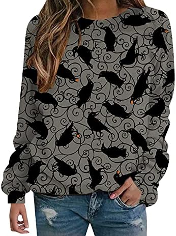 Tops femininos de manga longa Crewneck Halloween Sweatshirt Bat Bat Garden Print Shirt Bloups Bishop Pullover