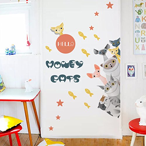 Desenho animado de parede de parede de gato adesivo de parede de parede de parede de animais decalque de parede removível, crianças, crianças, quarto de bebê berçário Diy decesivo de arte mural de parede de arte decorativa