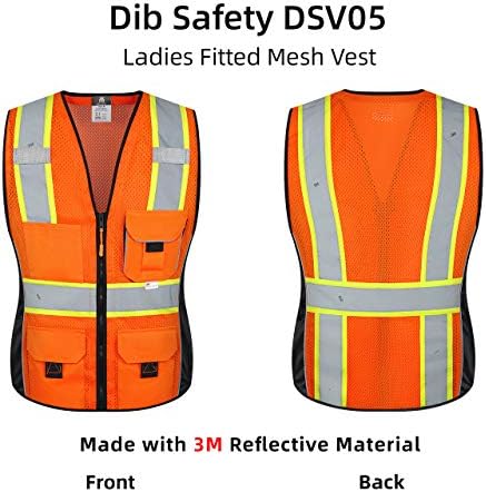Colete de segurança DIB para mulheres com bolsos, colete refletivo de malha alta visibilidade, ANSI Classe 2 feita com fita refletora 3M, laranja e preto M