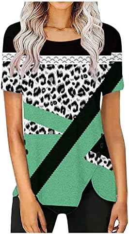 Tops de estampa de leopardo para mulheres coloridas bloco de manga curta T Camisetas de verão Botão de pescoço Tees Casual Bloups