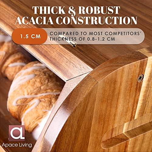 Caixa de pão acacia elegante para bancada de cozinha, armazenamento de pão de madeira de 2 prateleiras extra grande com janelas claras