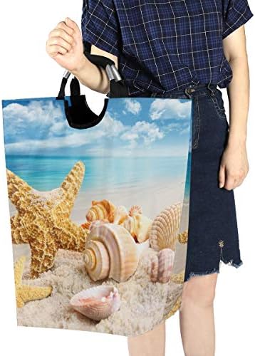 Yyzzh Starfish Seashell na praia Blue Blue Oceano Oceano Impressão de verão grande lavanderia bolsa de cesta de cesta