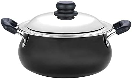 Handi anodizada dura - tampa de aço inoxidável - pérola preta - tamanho grande - 6,5 litros - adequado para biryani, pulao, molho
