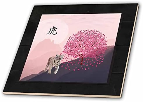 Imagem 3drose de tigre, árvore florescente, lua, sinal de tigre em chinês, rosa - azulejos