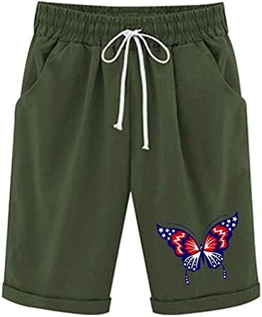 Shorts de bandeira americana para mulheres elásticas da cintura alta EUA Flag listra Bermuda shorts esticados shorts de verão com bolsos