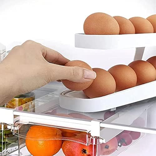 Porta de ovo para geladeira, 2 camada rolando automaticamente o recipiente de armazenamento de ovos, suporte para