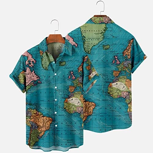 Camisas havaianas para homens mapa do mundo casual mapa de manga curta de manga curta