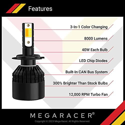 MEGA Racer H7 Bulbo de farol, lâmpada de substituição de 3 cores alternável, 50W 8000 lúmens LED Chips IP68, pacote de 2