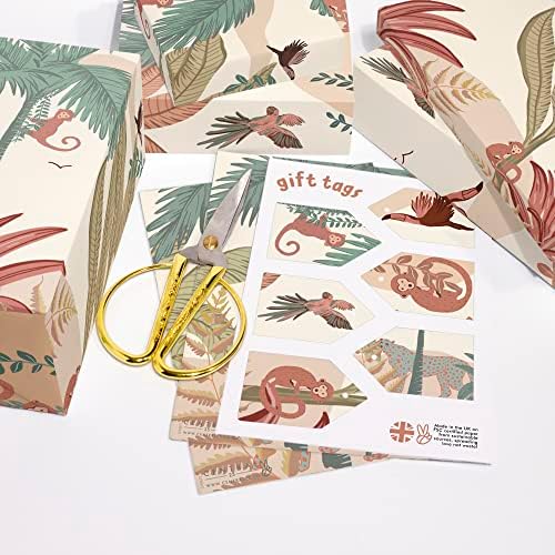 Papel de embrulho na selva 23 23 - 6 folhas de embrulho e etiquetas de presentes - Tropical - Birds Monkey Plants - Papel de