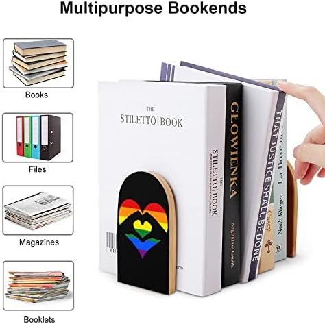 LGBT Rainbow Heart Hand Princied Book End Livros de madeira 1 par para prateleiras Stand de livro pesado 5 x 3 polegadas