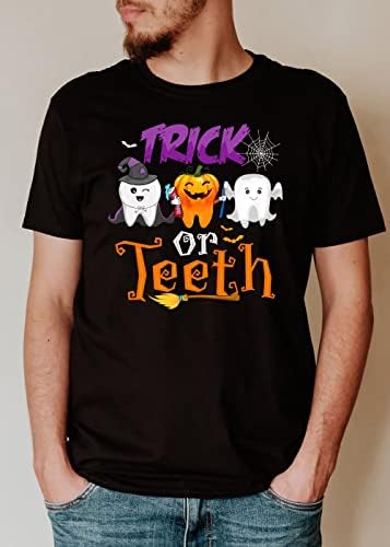 MOOBLA truque ou dentes Halloween dental, camisa dentária, camisa de assistente dentária, dentista de Halloween, higienista dental