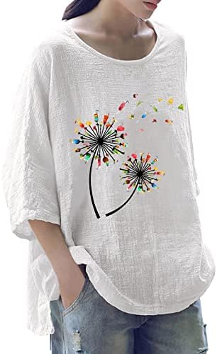 Camisas de tamanho grande para mulheres Mulheres Tops de verão Imprimir algodão mistura no pescoço redondo de três quartos de manga