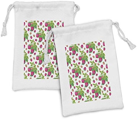 Conjunto de bolsas de tecido de frutas de Ambesonne de 2, framboesas de arte botânica da primavera com folhas verdes, pequenos