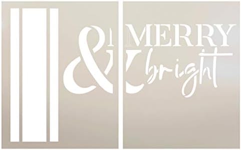 Estêncil de 2 partes do Jumbo Merry & Bright com listras por Studior12 | DIY Word Word Art Home Decor | Artesanato e pintura Sinais de madeira de férias de tamanho grande | Modelo Mylar reutilizável | Extra grande | 24 x 36 polegadas