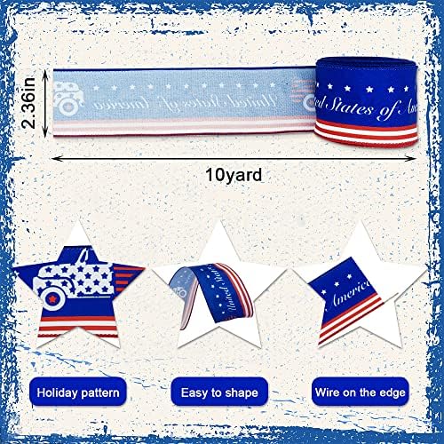 Fitas patrióticas para curvas de grinaldas que envolvem presentes, fitas de gnomo azul do Memorial Day USA para Memorial Day DIY Crafts, 2,4 x 10 jardas de fita de borda com fio para o Dia do Trabalho para o Dia do Trabalho