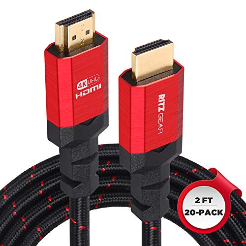 Cabo 4K HDMI 2.0 2 pés. [20 pacote] por ritzgear. 18 Gbps Ultra de alta velocidade Cordão de nylon e conectores de ouro -