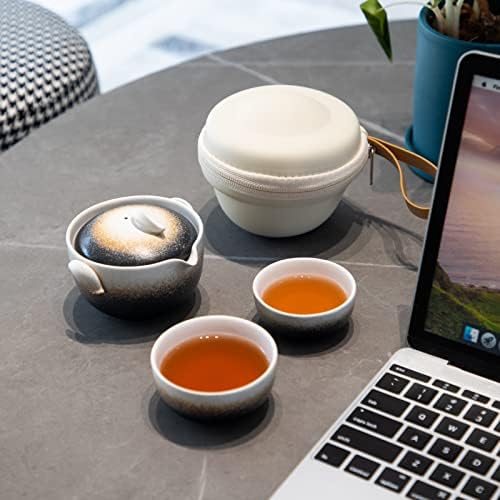 Heer Chinese Gaiwan Tea Set para chá de folhas soltas, bule de kungfu de viagem portátil de cerâmica com 2 xícaras de chá para adultos, acessórios de chá em estilo japonês para amantes de chá.